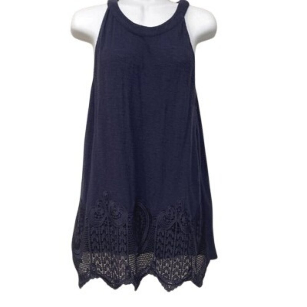 Adrianna Papell Women’s Size L Navy blue Sleeveless Top Wide Lace Trim Dressy